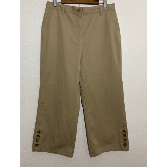 VTG Lands' End Sz 14 Brown Khaki Wide Leg Capri Side Button Elastic Waist Casual - Picture 1 of 7